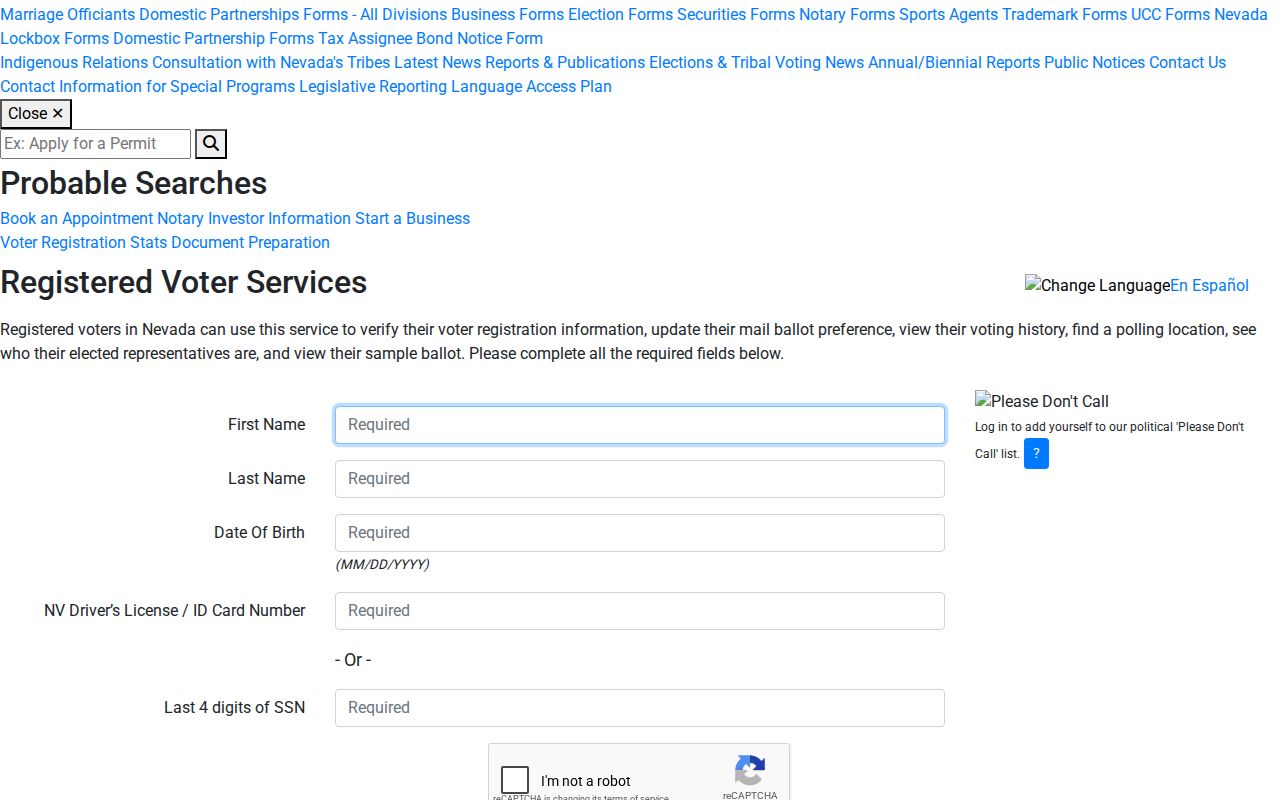 Sun Valley voter registration lookup on the Nevada Secretary of State site
